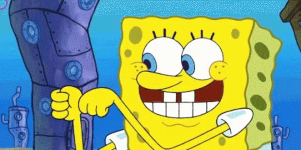 a cartoon character named spongebob is holding a yellow stick