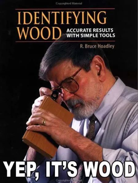 A book called "Identifying Wood" with a scholarly-looking man using a magnifier to look at a block of wood, and text has been added at the bottom of the picture that says, "YEP, IT'S WOOD." 