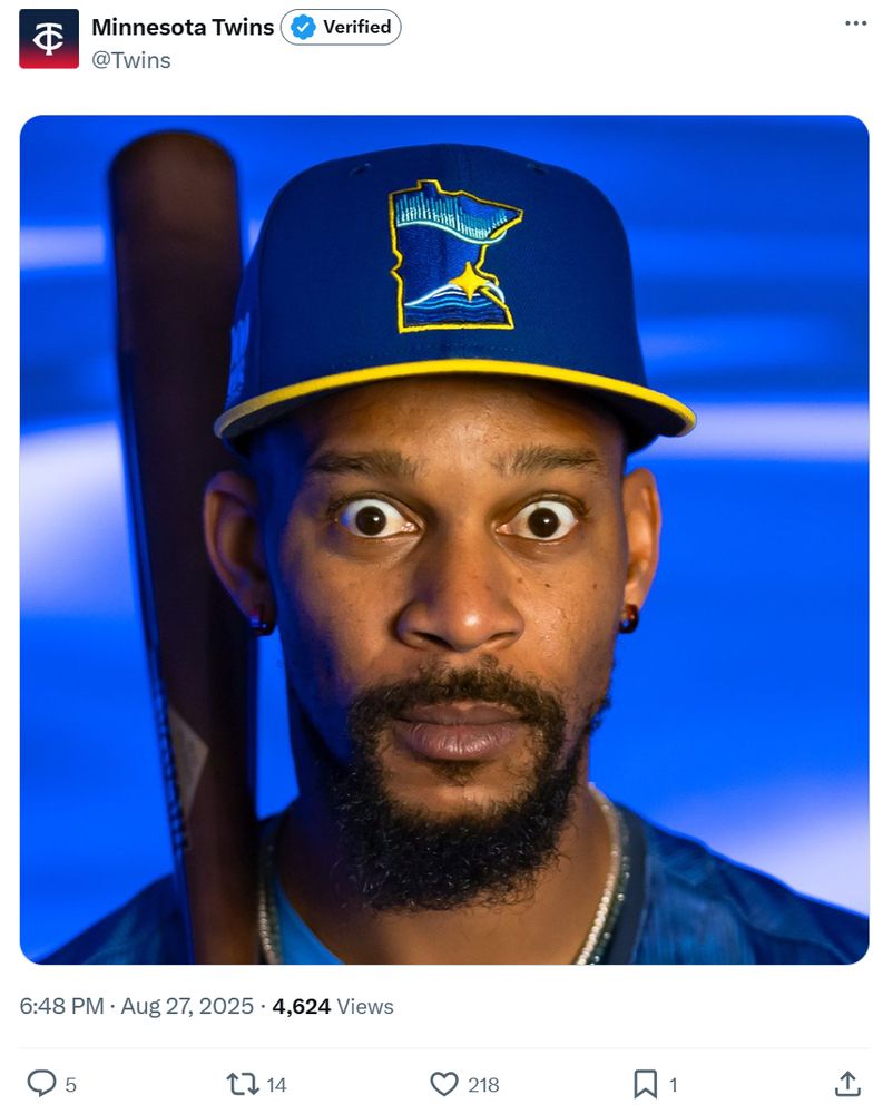 A tweet from the Minnesota Twins that is just a picture of a wide-eyed Byron Buxton wearing the team's City Connect jersey and hat. This tweet was posted after his second home run against the Toronto Blue Jays tonight. Good thing he has a full no-trade clause. 