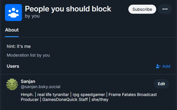 A screenshot of a Moderation List on Bluesky created by me which just has me listed.