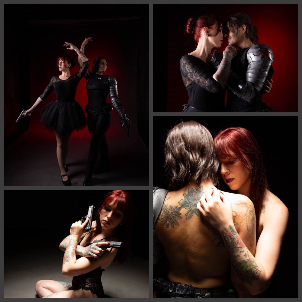 Bilder von Winter Soldier und Black Widow orientiert an den Comics, 2 Bilder in Ballett Outfits und 2 in Lingerie / oben ohne.