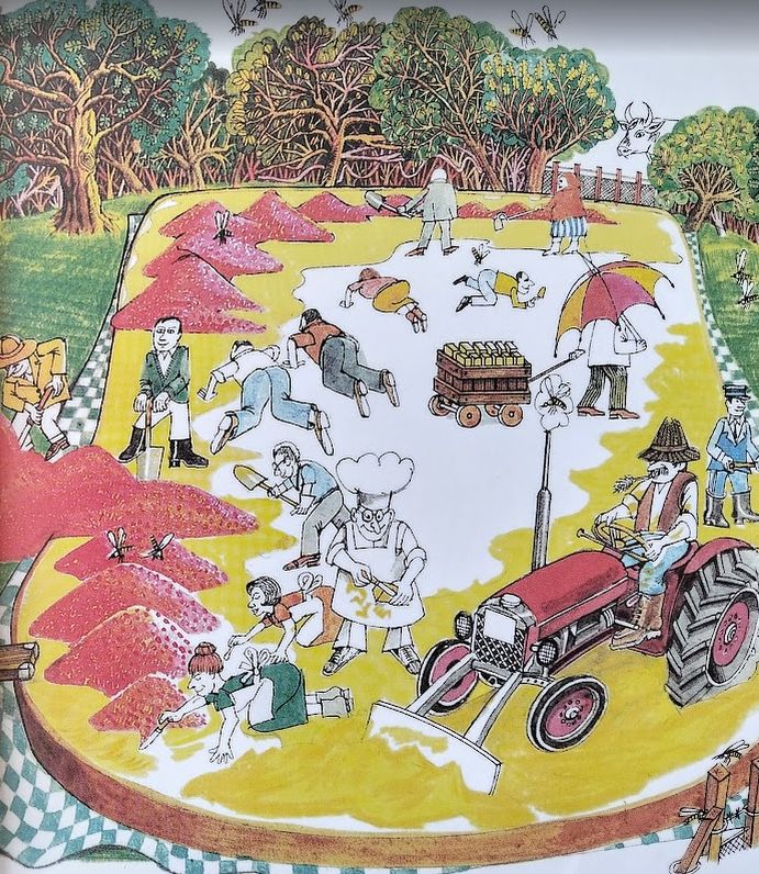 Caption: A truck drew up and dumped out butter/ And they spread it out with a flap and a flutter./ Spoons and spades! Slap and slam!/ And they did the same with the strawberry jam.
Image: the biggest bread slice ever, topped with a farmer on a tractor & people using spades shoveling butter all over between mounds of strawberry jam.