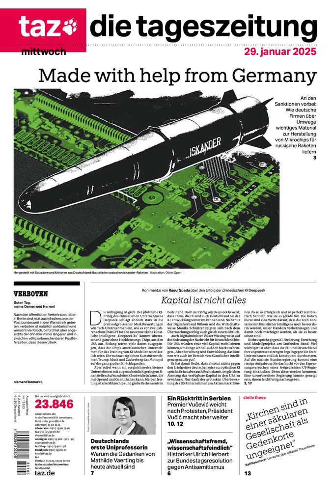 taz-Titel am Mittwoch: Made with help from Germany
Titelillustration: Zeichnung einer russischen Rakete mit Aufschrift Iskander und Computerteile