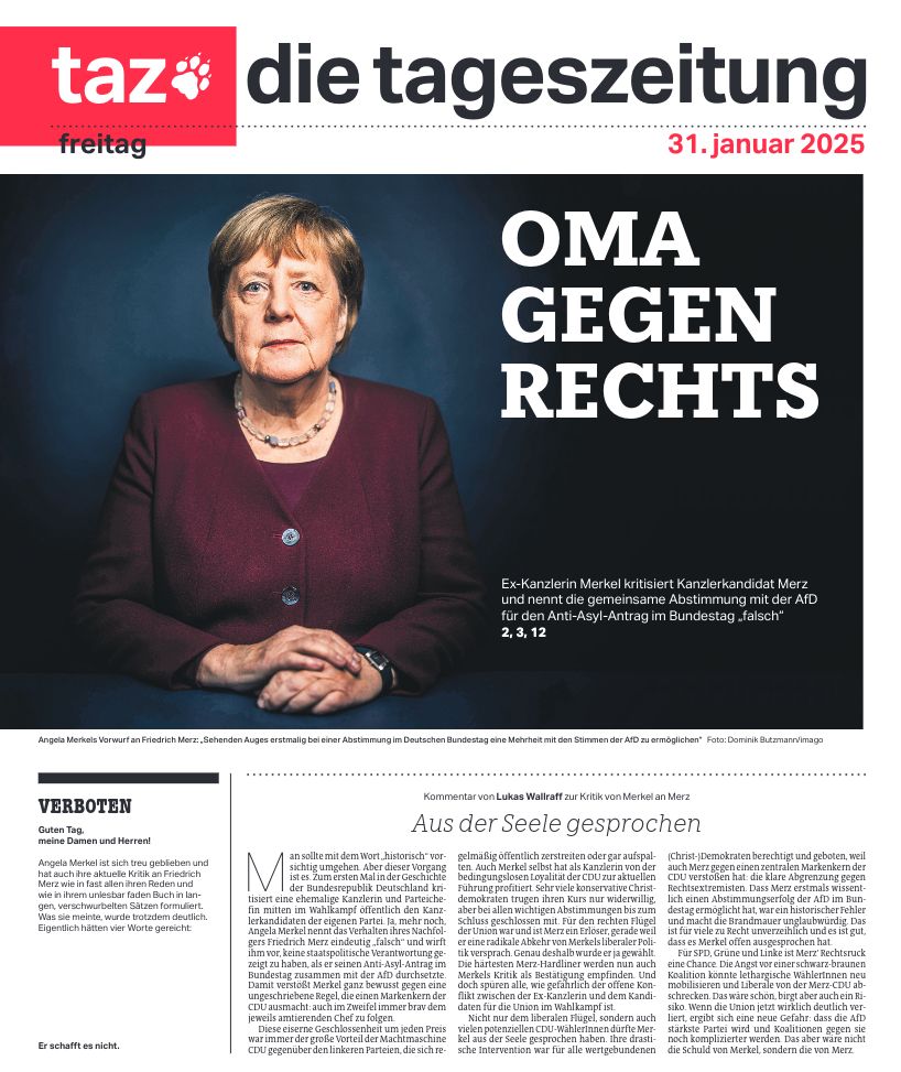 taz-Titel am Freitag: OMA GEGEN RECHTS
Titelfoto: Ex-Kanzlerin Angela Merkel in staatstragender Pose 