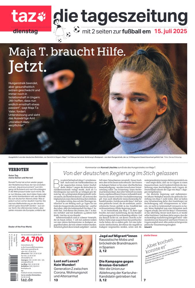 taz-Titelzeile am Dienstag: Maja T. braucht Hilfe. Jetzt.
Titelfoto: Maja T. bei einer Gerichtsanhörung im Februar in Budapest