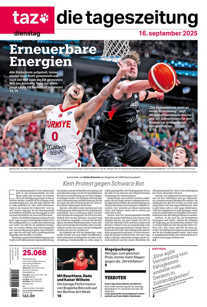 taz-Titelzeile am Dienstag: Erneuerbare Energien
Titelfoto: Spielszene aus dem Basketball-EM-Finale mit dem deutschen Superstar Franz Wagner und dem türkischen Aufbauspieler Shane Larkin beim Zweikampf unter dem Korb