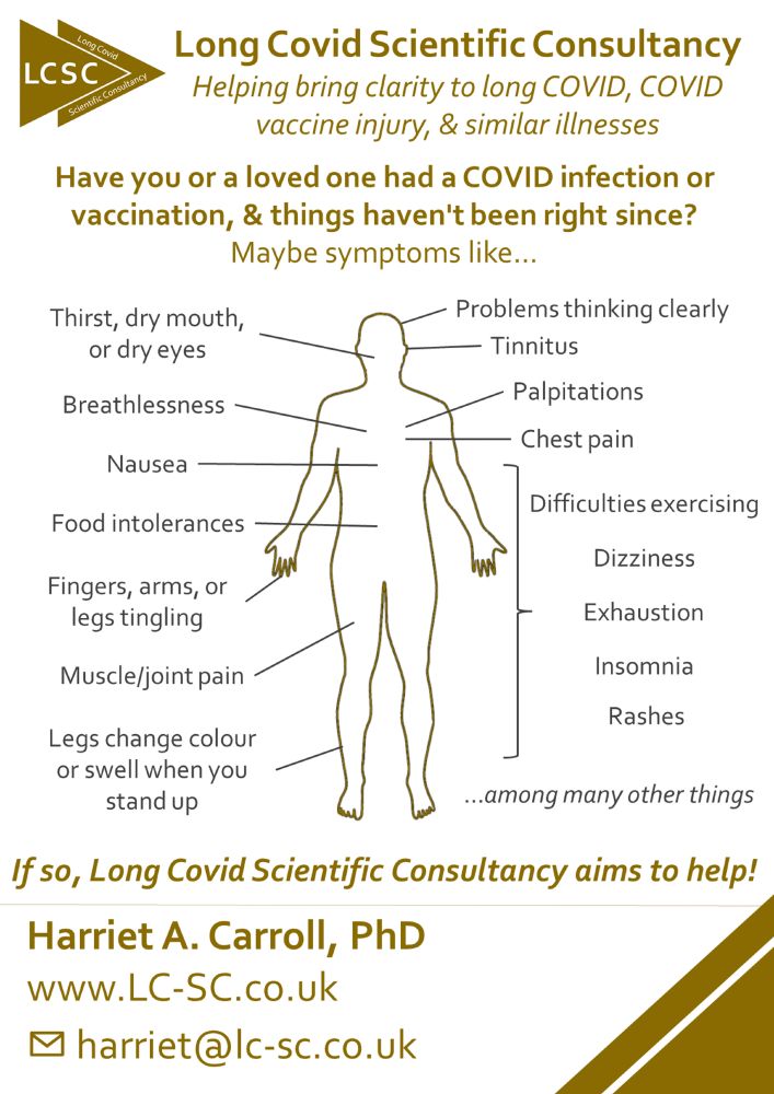 Long Covid scientific consultancy poster reading:
Helping bring clarity to long covid, covid vaccine injury and similar illnesses. Have you or a loved one had a COVID infection or vaccination, & things haven't been right since?
Maybe symptoms like… (symptoms pointing to an outline of a body)
Thirst, dry mouth or dry eyes
Problems thinking clearly
Tinnitus
Palpitations
Chest pain
Difficulties exercising
Exhaustion
Insomnia
Rashes
Legs change colour or swell when you stand up
Muscle/joint pain
Fingers, arms, or legs tingling
Food intolerances
Nausea
Breathlessness
...among many other things

If so, Long Covid Scientific Consultancy aims to help! 

Harriet A. Carroll, PhD
www.LC-SC.co.uk
Harriet@lc-sc.co.uk