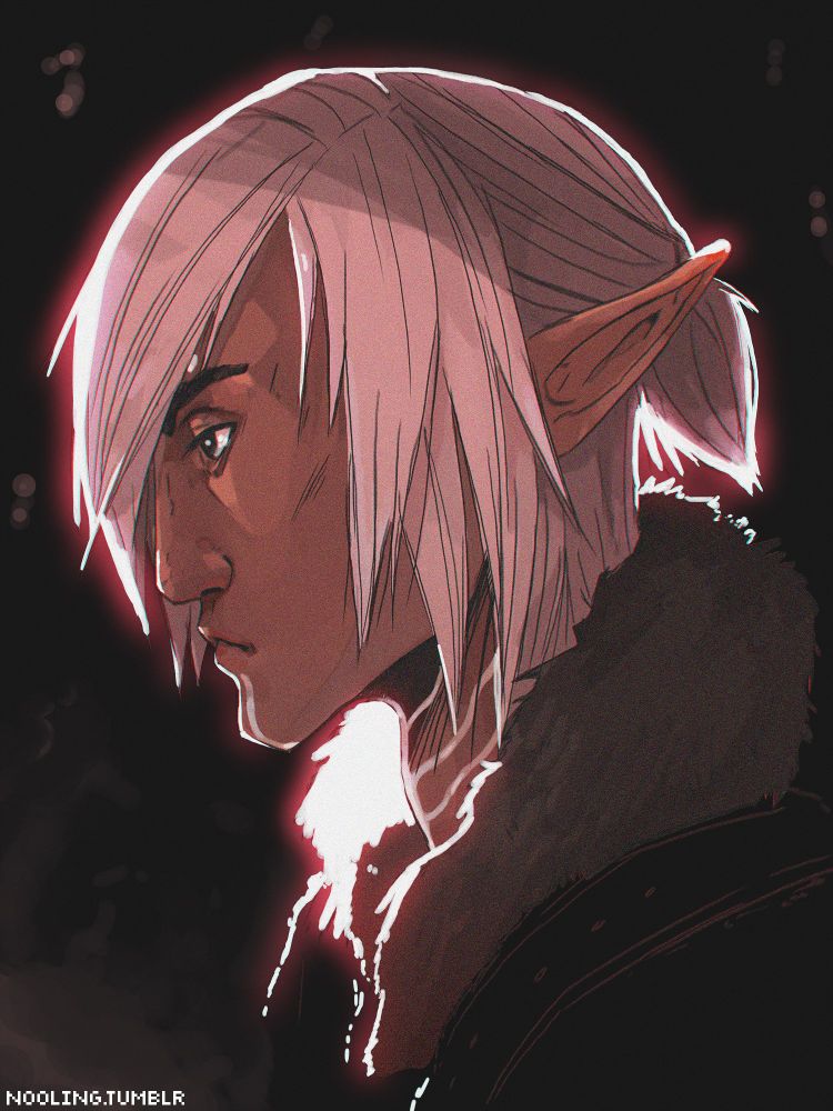 A painting of Fenris from Dragon age 2, he's looking off camera, the lighting is warm and theres a strong rim light