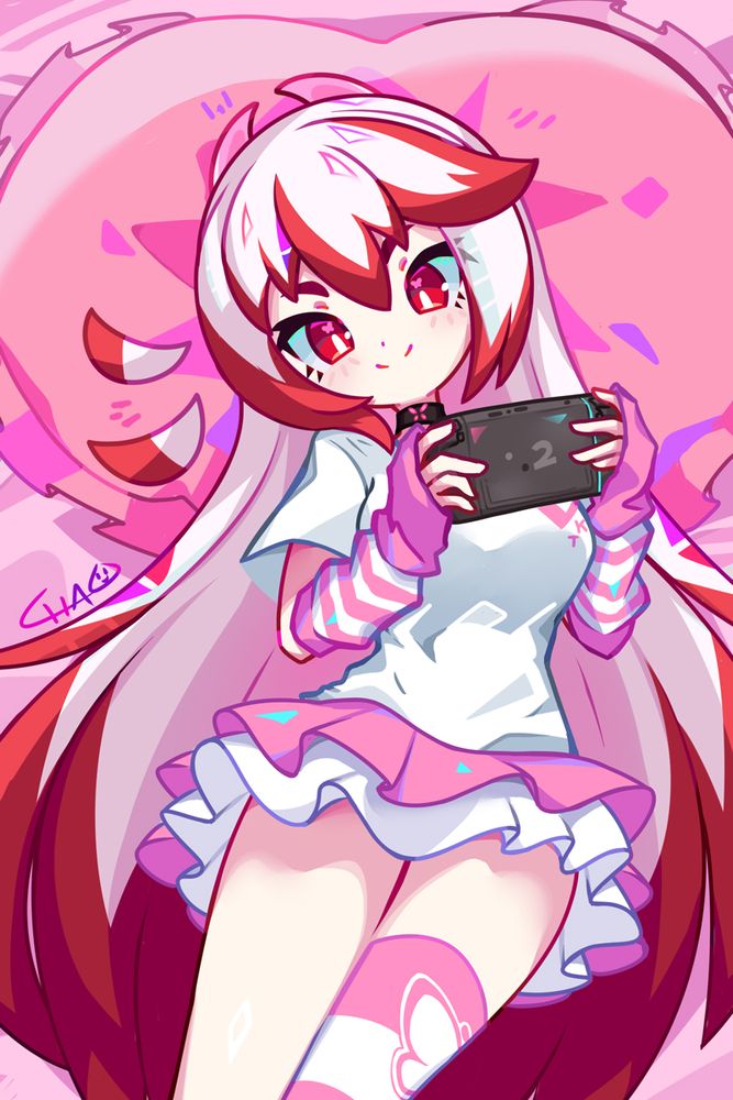 Cute peppermint-haired original character (cute!) happily playing a nondescript console's sequel while wearing a non-default outfit of hers.