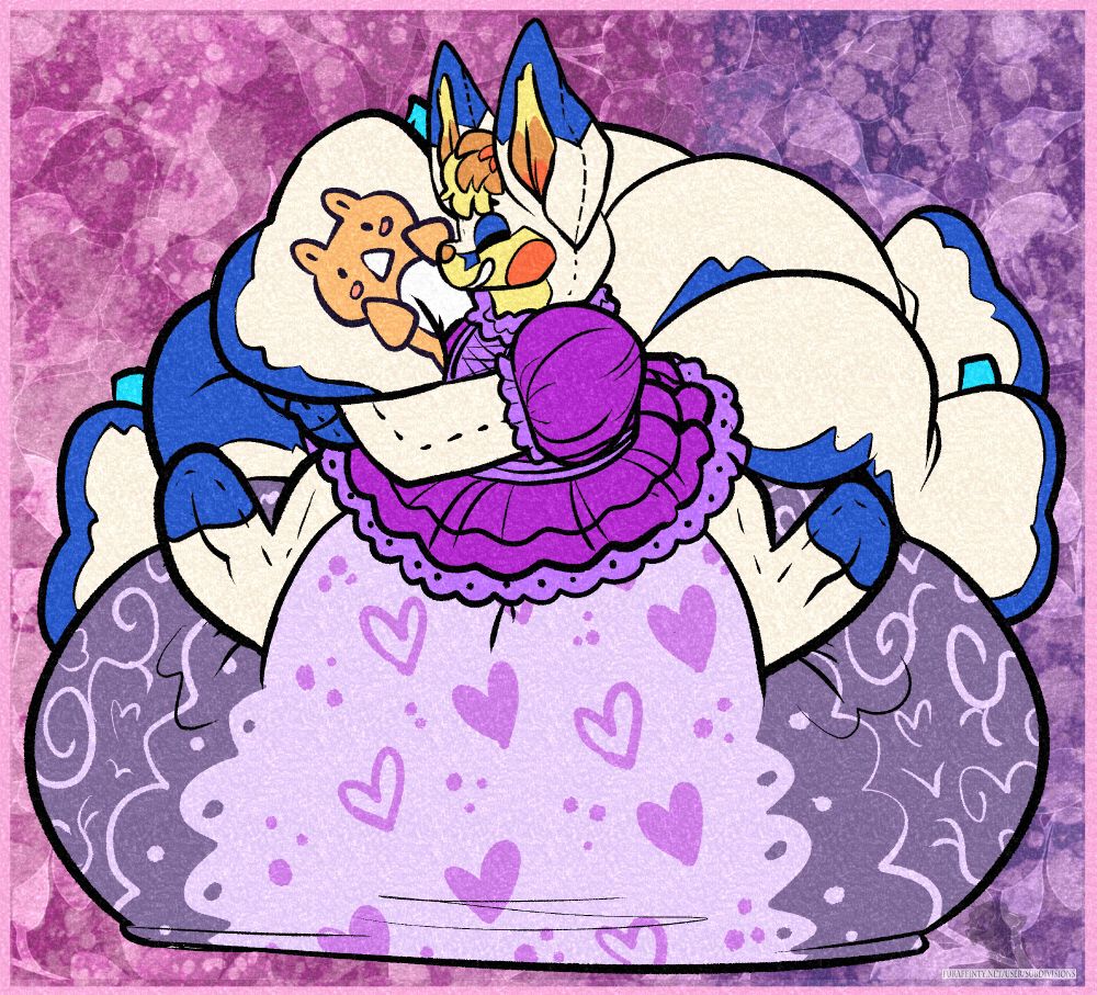 Big colorful plush kitsune with a pretty dress and wearing a giant diaper. The tails are big body pillows, and one that the kitsune is hugging has a print of a shocked blushing person #diaperfurry #diaper #plushfur