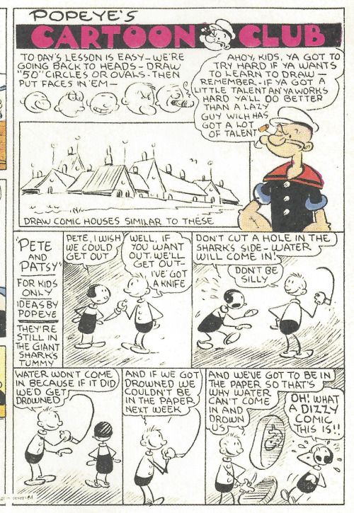 The full secondary feature strip from the Popeye color Sunday.  At the top, Popeye gives a drawing lesson.  Below that, is an amusing strip of simplified, stick figure characters "Pete and Patsy, For Kids Only"