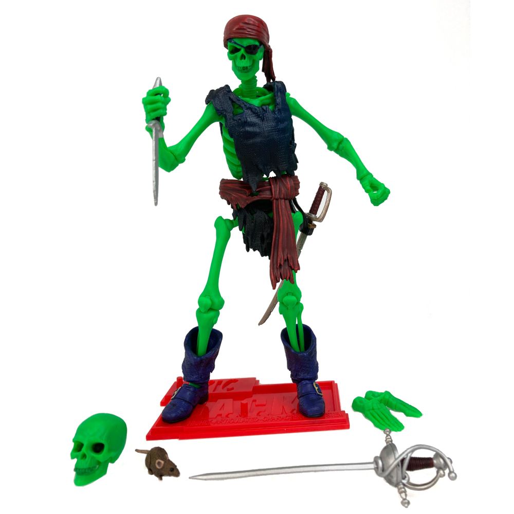 The Epic HACKS Pirate skeleton figure, a bright green skeleton displayed with all of his accessories.