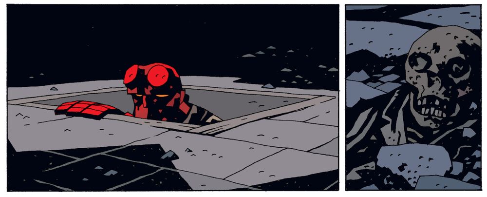 Two panels from Mike Mignola's Hellboy.  In the first, the top of Hellboy's head is peering out of a hole in the floor, the three fingers of his right hand are curled over the edge of the hole.  In the second, a desiccated corpse lies in rubble.