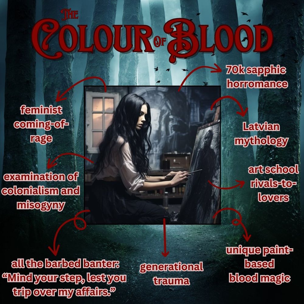 The Colour of Blood, a feminist coming-of-rage 70k sapphic horromance, featuring Latvian mythology, examination of colonialism and misogyny, art school rivals-to-lovers, generational trauma, a unique paint-based blood magic system, and all the barbed banter ("Mind your step, lest you trip over my affairs.")