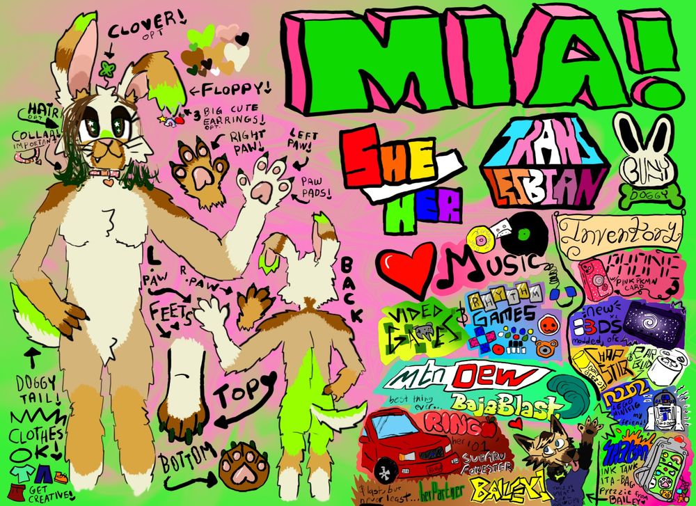Detailed reference drawing for my fursona, a white/tan/brown/green anthropomorphic bunny/doggy. To the right is her name, pronouns, things she loves and her inventory