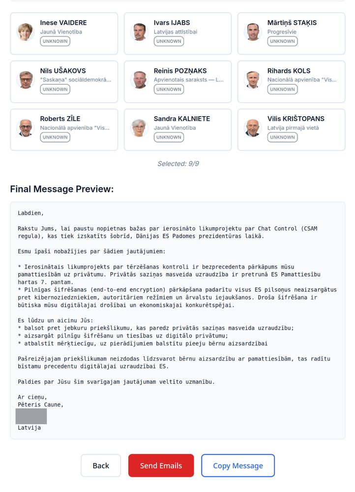 Ekrānšāviņš no fightchatcontrol.eu, kurā redzams adresātu saraksts (deviņi Latvijas EP deputāti)  un vēstules teksts.