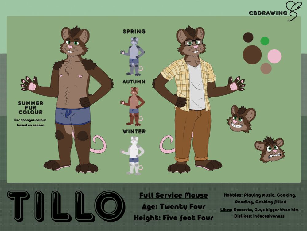 A reference image of a brown anthropomorphic mouse, posing both with and without clothes. His fur has alternate color schemes depending on the season: gray for spring, brown for summer, auburn for autumn, and white for winter.