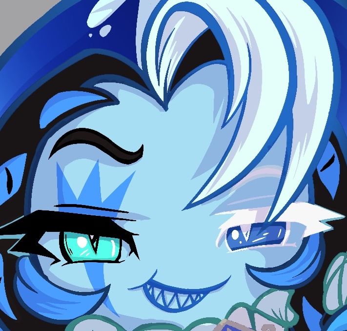 Sneak peek closeup fanart of Shadow Milk Cookie’s smug sly blue face. 