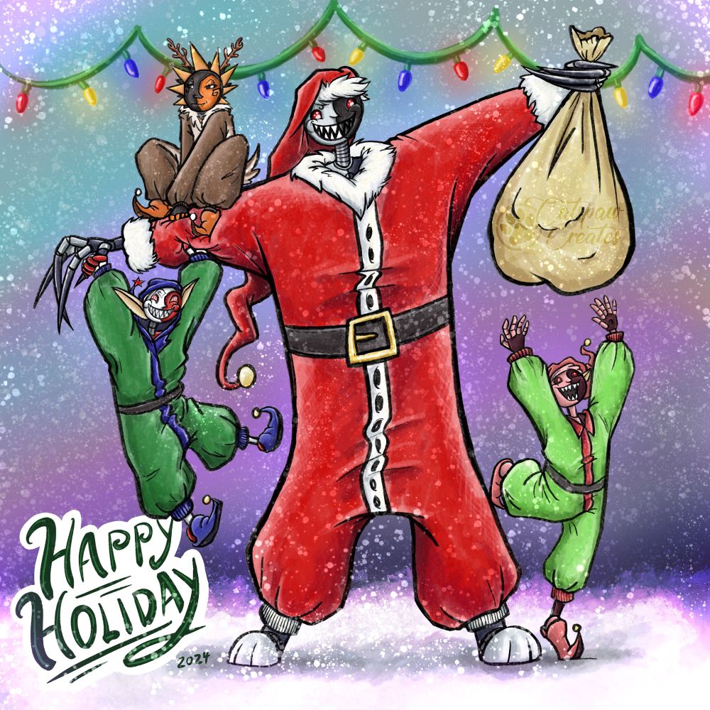 Full color rendered illustration of the Sun and Moon Show Kill Code in a Santa onesie holding a large sack dangling in the air above original Bloodmoon who is on his dressed in an elf onesie, on tip toes reaching excitedly for the bag. 

On the other arm the other Bloodmoon twin is dangling from Kill Code’s arm, swinging with an impish look on his face. On top of his arm, the original Eclipse is perched in a reindeer costume with a tiny pleased smile. 

They are on a sunset background and there is snow falling. The words Happy Holiday is written in the bottom corner. 