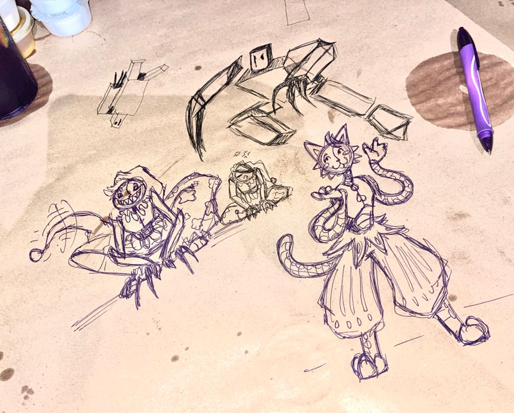 Photo of Rough sketches on a paper tablecloth of a crouching Kill Code with a sulking crouching Bloodmoon next to him. A lunging Roblox geometric guy with claws and pointy arm, and my Cattendant Nightfall. 