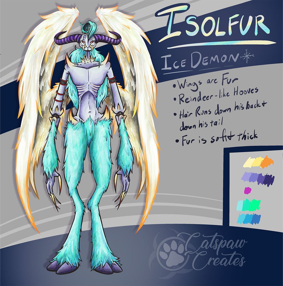 A reference sheet for Isolfur. He’s an ice demon, male, large fur wings in golds and ivory. His skin is pale lavender, and aqua soft fur adorns his reindeer satyr legs. He has yellowing tusks and spikes protruding from his skin and he’s monstrously tall and lanky. 