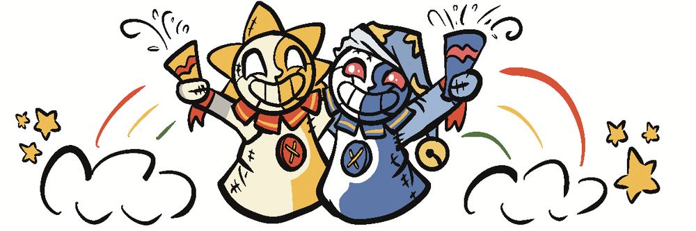 Banner art of the Sun and Moon puppets celebrating with party poppers, and simply lined rainbow, clouds and stars are around them. 