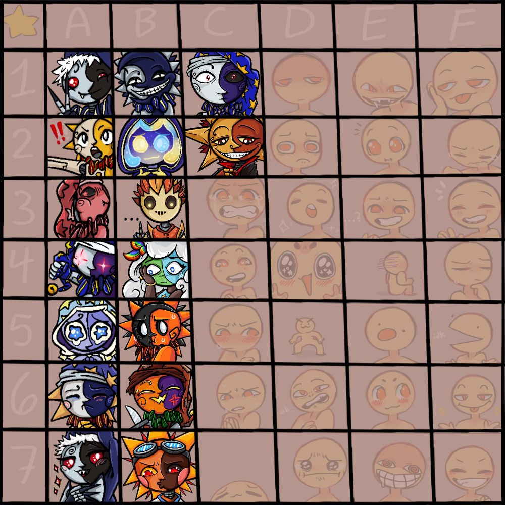 Grid of expressions. 16 are filled out with various characters from the Sun and Moon Show
