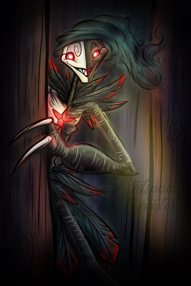 Digital full color rendered art depicting a tall lanky humanoid creature with black birch tree limbs, crow like feathers with red tips and an angular two toned mask-like face with round beady eyes. A wispy nightcap like smoke coming from the top his head and small red beady eyes are shining looking out from the dark side of his sharp grin. 