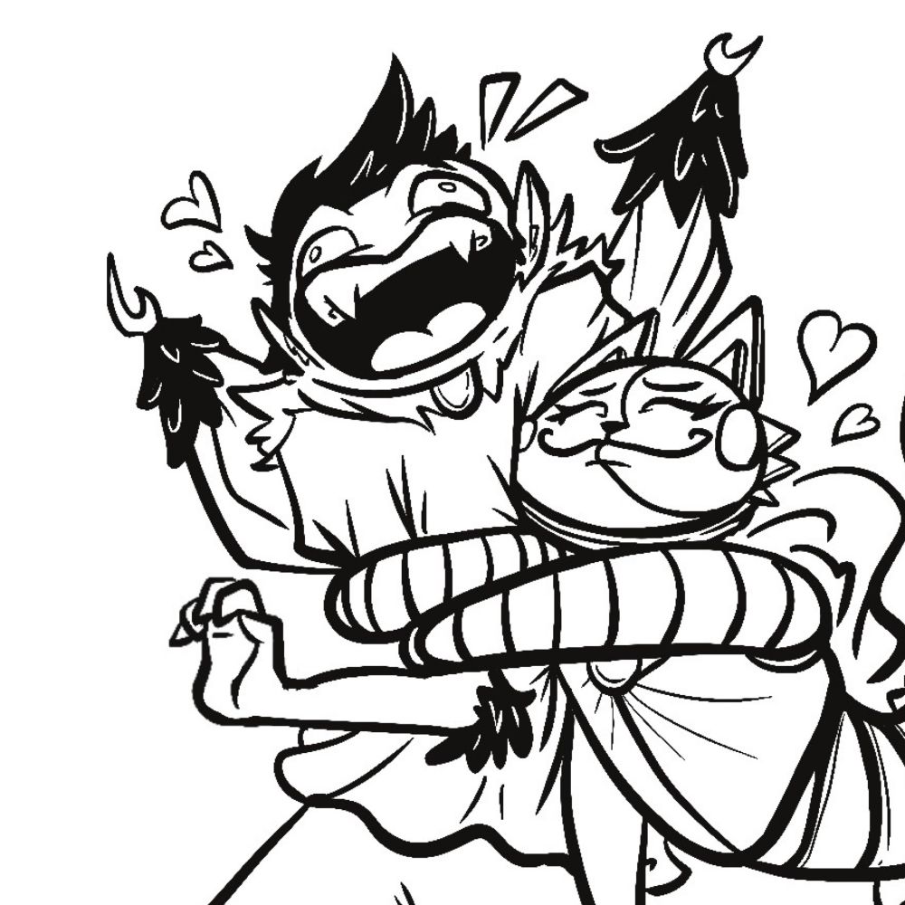 Close up of Fluffy and Nightfall’s exaggerated expressions of him being squeeezed tight by his animatronic girlfriend. 