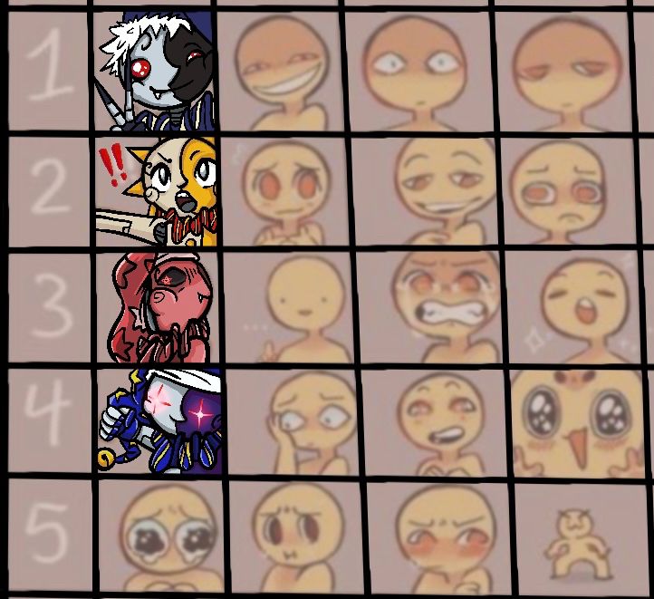 Grid of expressions. The first 4 expressions in the first column have been drawn in