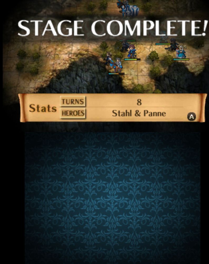 Stage complete screen for Chapter 7 of Fire Emblem Awakening. It lists the amount of turns and the best performing units, with Stahl and Panne listed