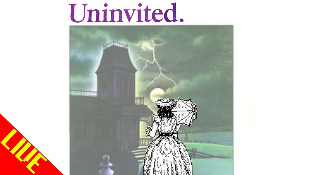 a youtube thumbnail with the title "Uninvited." in purple at the top, the box artwork showing a haunted mansion in the background in a dark cloudy sky and a pixelated black and white bitmap of a character from the game which appears to be a lady in an old school dress seen from the back, she is holding a classy umbrella, adding to the classic horror genre. There's a red triangle at the bottom left corner with the word "LIVE" in yellow letters.