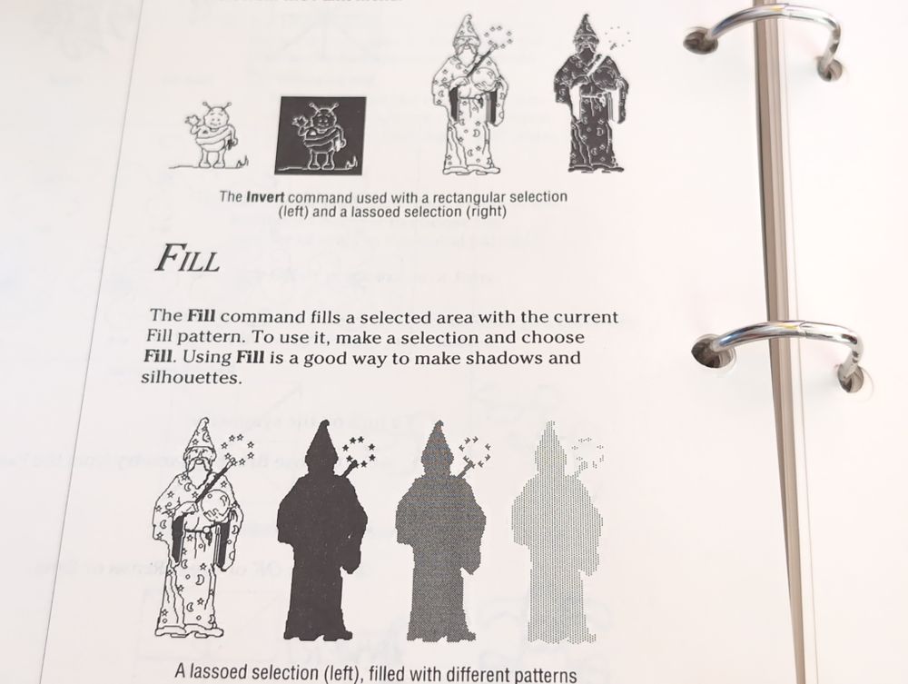 Zoom in of a specific page of the manual that tells you how to use the software with captured graphics to illustrate the examples. On this page, we can see multiple variants of a robed wizard character being filled in with different black and white patterns 