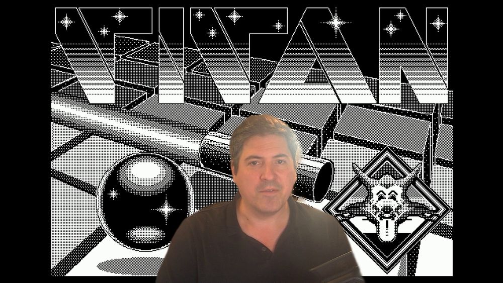 1Bit Fever Dreams in front of the black and white title screen of Titan, a Macintosh video game. the word Titan is written in angular special font with stars and horizontal lines. The main part of the screen shows abstract distanced cubes in various gray patterns. There's a shiny black ball in the bottom left. There's a fox-like cartoon character in the bottom right.