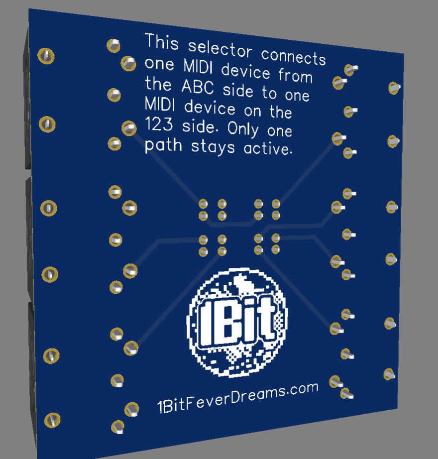underside of the PCB showing 'This selector connects one MIDI device from the ABC side to one MIDI device on the 123 side. Only one path stays active'.
near the bottom, we see a circular 1Bit bitmap logo and the URL 1BitFeverDreams.com
