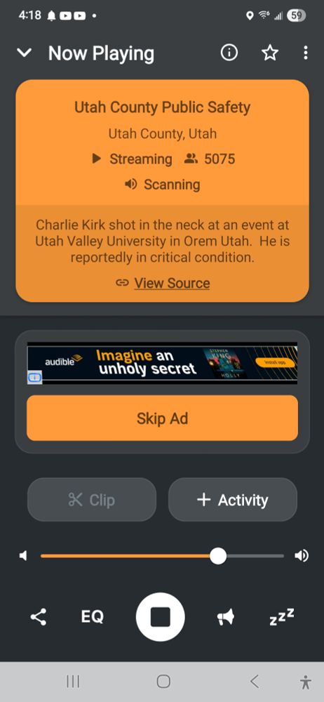 Scanner reports Charlie Kirk is reportedly in critical condition. 