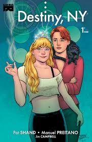 Two magical teens. One butch one fem, turned towards each other in a romantic framing against a teal background with white logo and flower imagery.