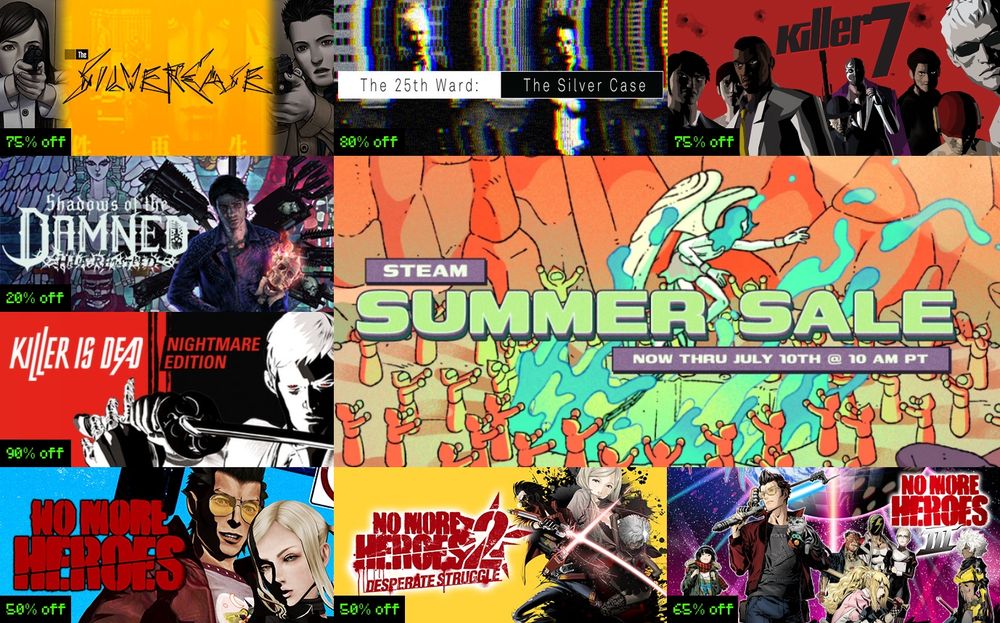 Steam Summer Sale - Grasshopper Manufacture titles
The Silver Case (75% off)
The 25th Ward (80% off)
killer7 (75% off)
Shadows of the Damned: Hella Remastered (20% off)
Killer is Dead (90% off)
No More Heroes (50% off)
No More Heroes 2 (50% off)
No More Heroes 3 (65% off)