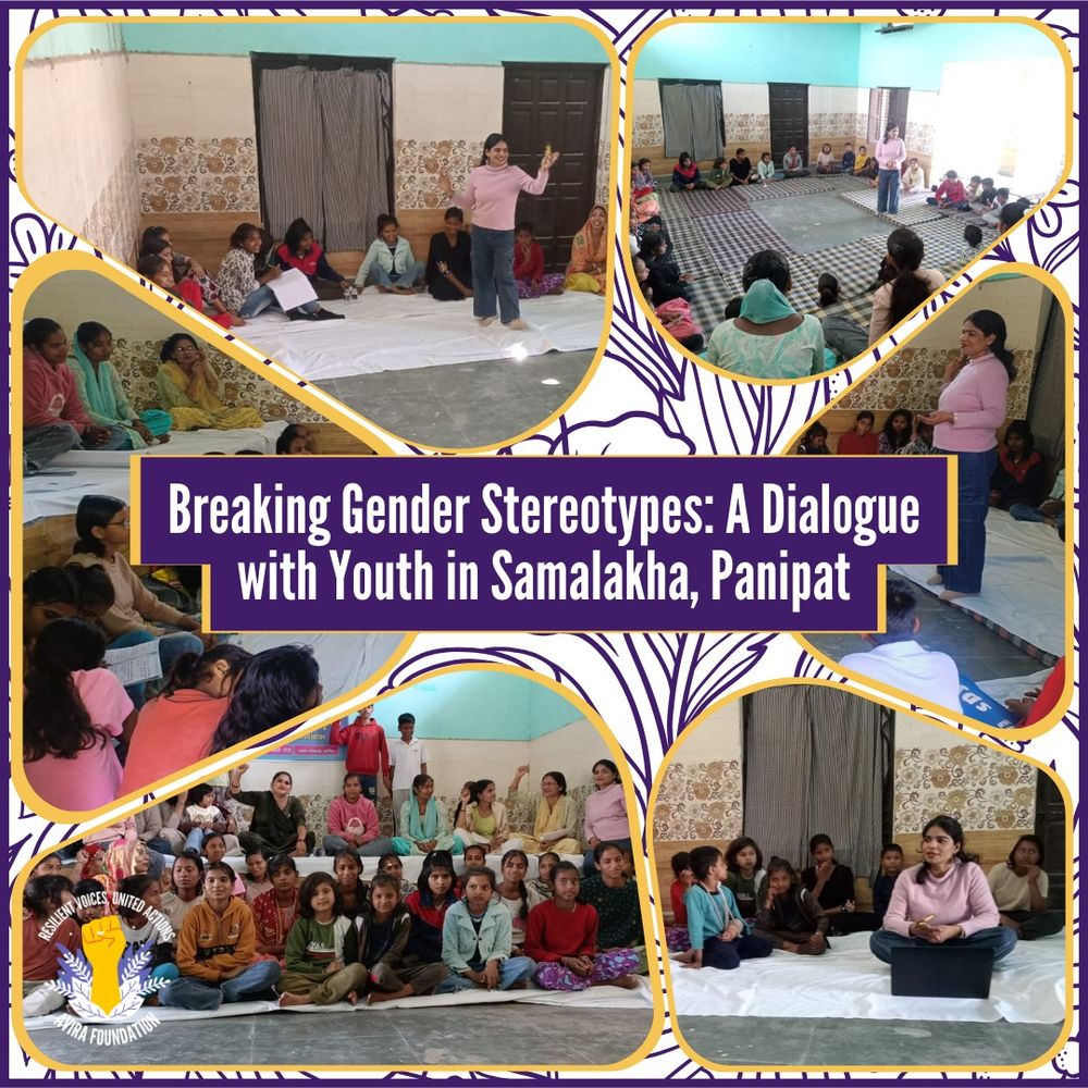 A digital event poster for Avira Foundation’s gender sensitization workshop titled ‘Breaking Gender Stereotypes: A Dialogue with Youth in Samalakha, Panipat.’ The collage features multiple photos from the workshop, showing Mohini Voice, the Founder & Co-Lead of Avira Foundation, leading discussions with a group of young participants. She is seen standing and speaking with expressive gestures in a pink sweater and jeans, engaging with the audience seated on the floor in a semi-circle. Other images capture participants, including young girls and boys, listening attentively, engaging in discussions, and taking notes. The poster has a vibrant purple and gold floral design, with the event title displayed in bold white text on a purple background. The Avira Foundation logo, featuring a raised yellow fist with laurel leaves, is placed at the bottom left corner.