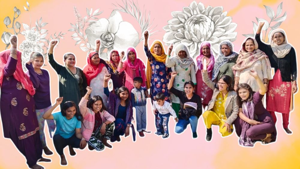 A vibrant group of women and gender-diverse individuals of various ages, dressed in colorful traditional and modern clothing, stand together with raised fists in a powerful gesture of solidarity and strength. Some are smiling, while others have determined expressions, embodying resilience and unity. Among them, a few children are present, symbolizing intergenerational empowerment. The background features a soft pink and orange gradient with delicate, hand-drawn floral illustrations, adding a sense of warmth and community.