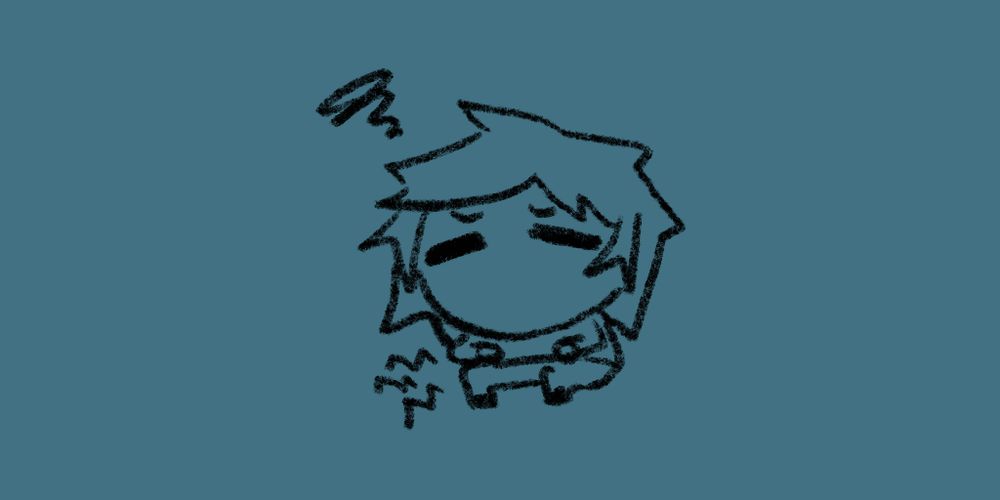 Small doodle of Sparrow curled up with a stomach ache.