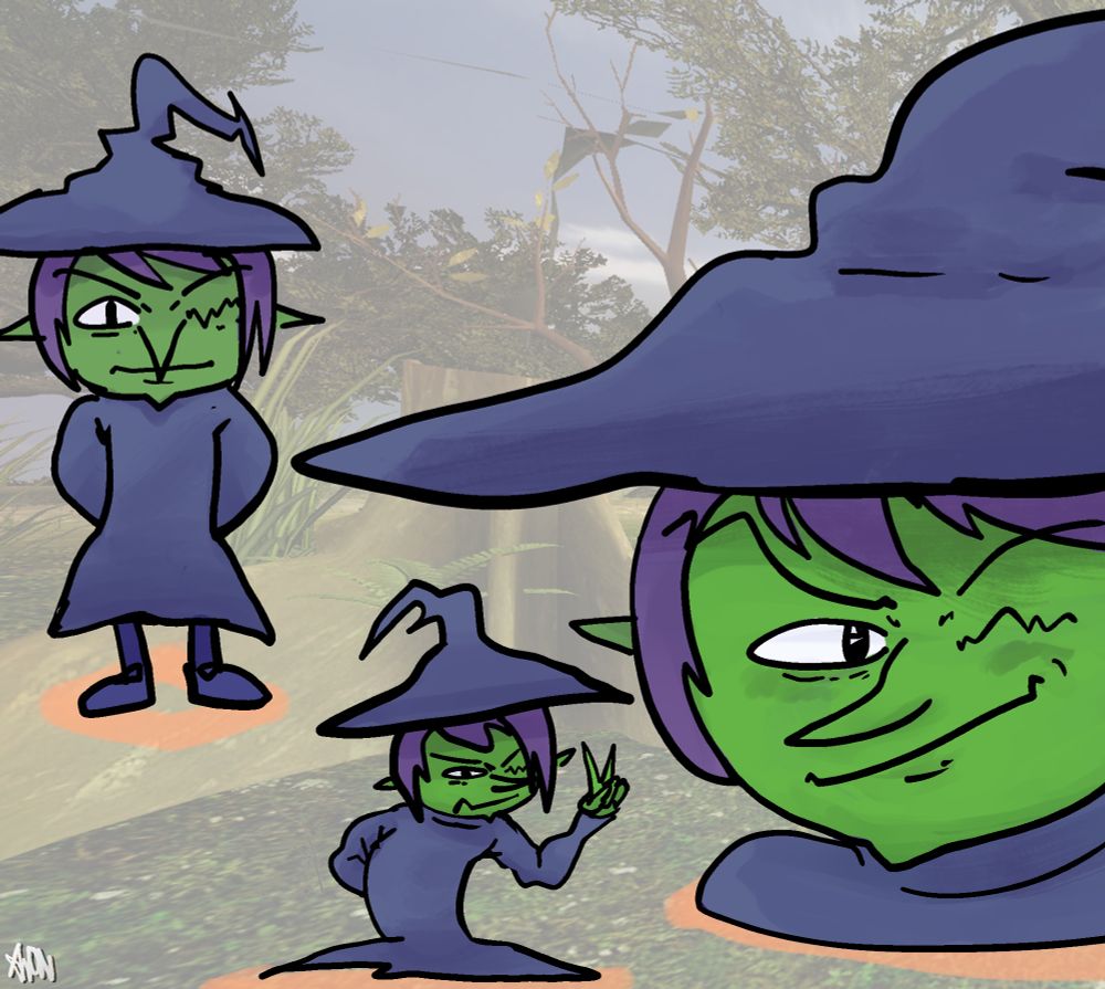 A green witch with blue clothes.