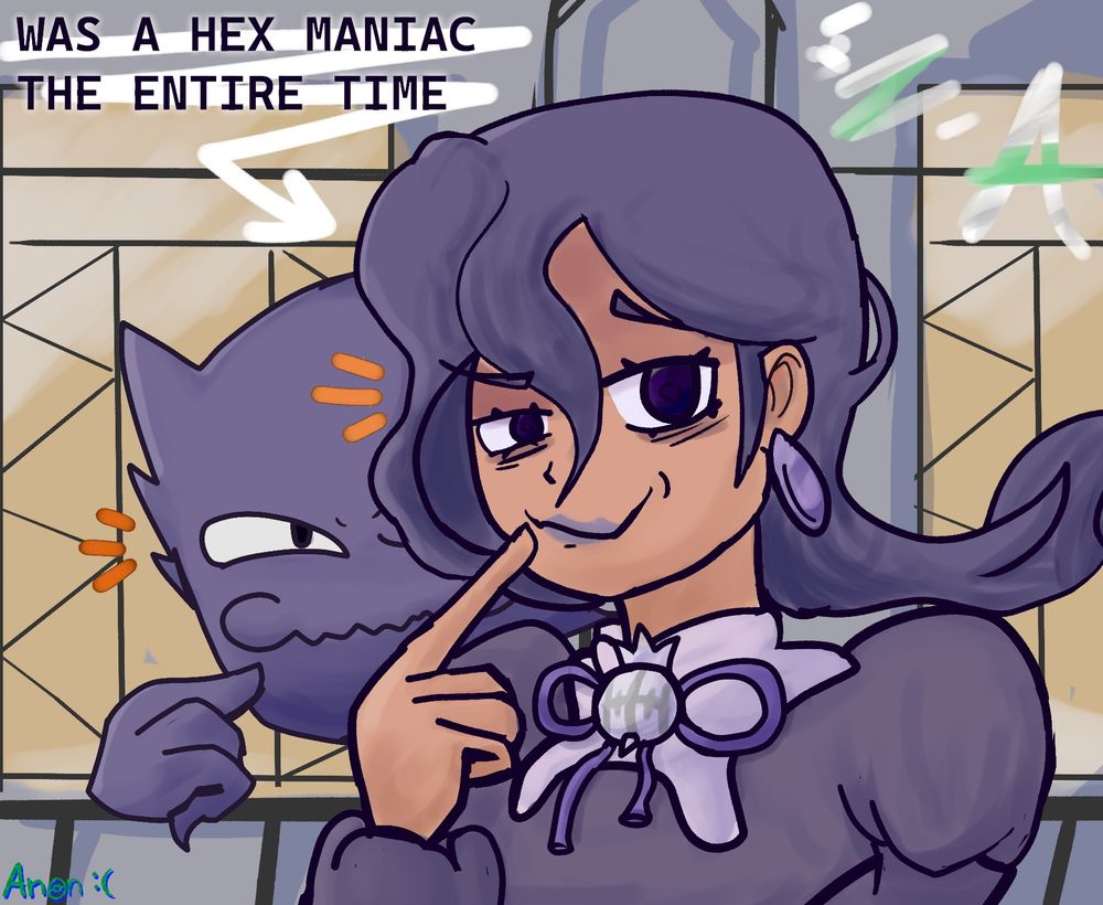 Hex Maniac from Z-A.  Clemence maybe?  I don't remember her name.

WAS A HEX MANIAC THE ENTIRE TIME.

Smug ass Hex Maniac and a Haunter.  I don't even think she uses one according to P.  