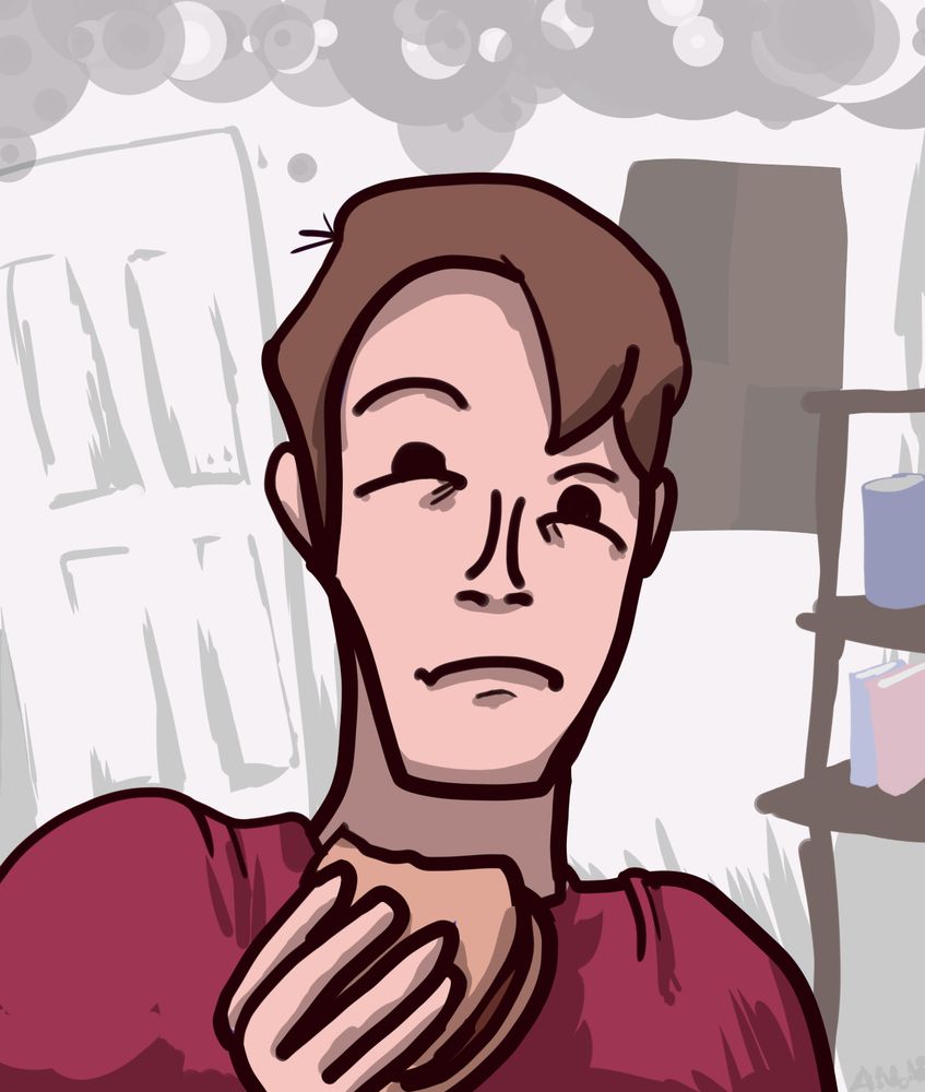 Jerma holding a burger and staring straight on.