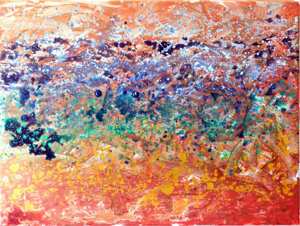 Abstract expressionist painting with alternating fields of dripped blue, green, and yellow on bronze background.