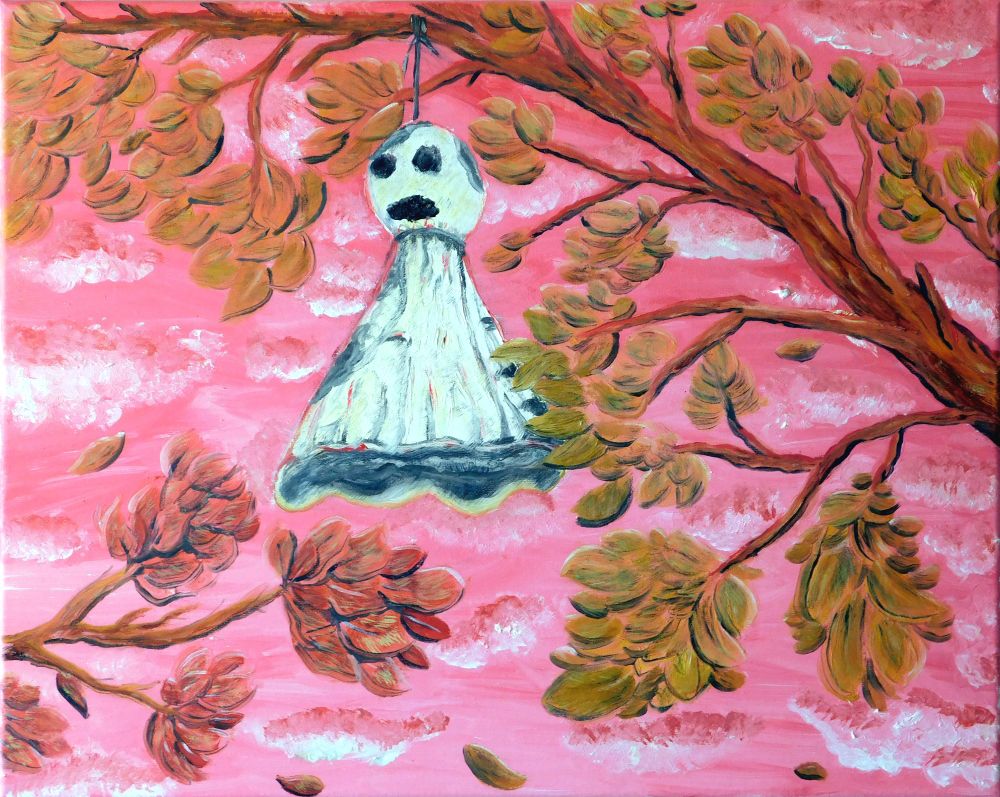 Painting of tissue-paper scarecrow hung in tree with autumn leaves against pinkish cloudy sky.