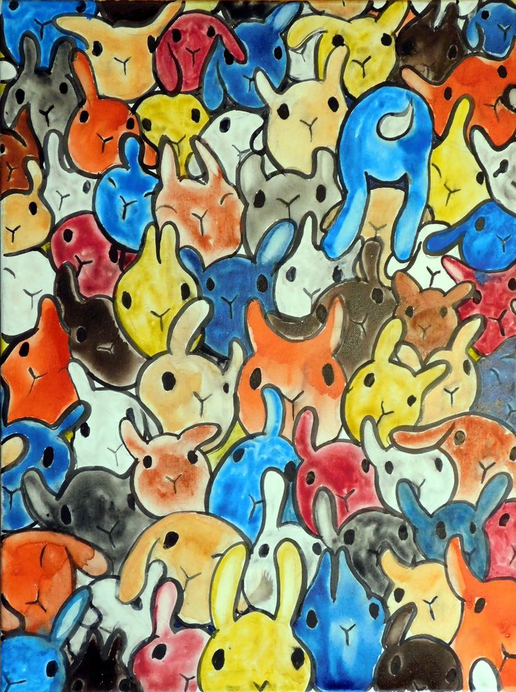 Multicolored painting of many rabbits piled atop each other.