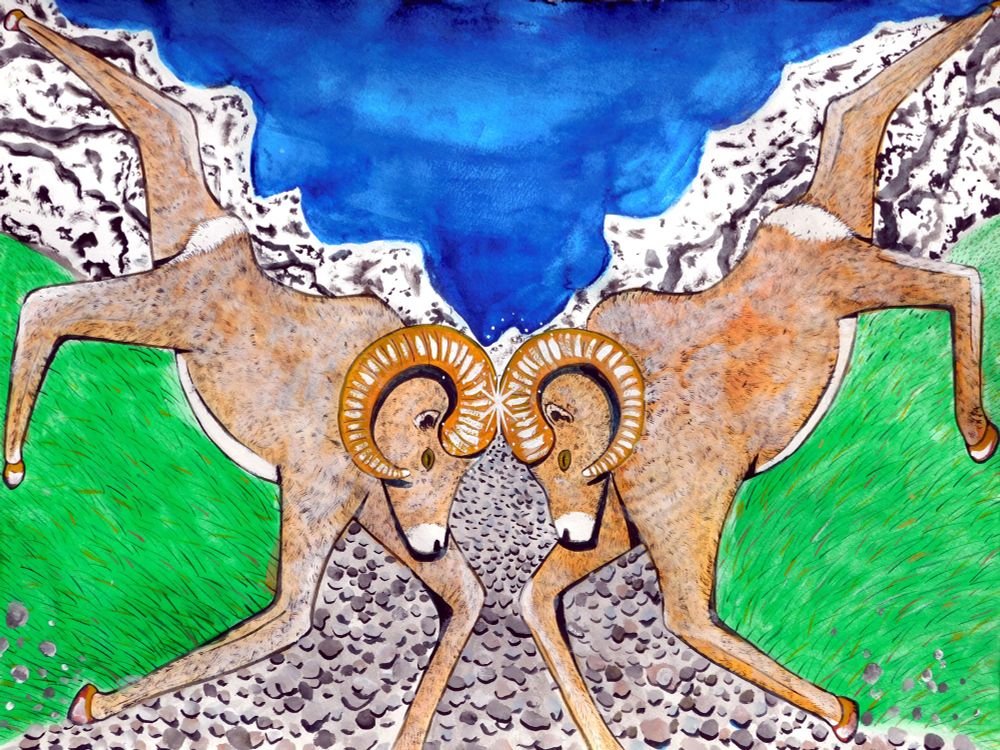 Painting of two Bighorn Sheep banging their heads together in a mountainous landscape.