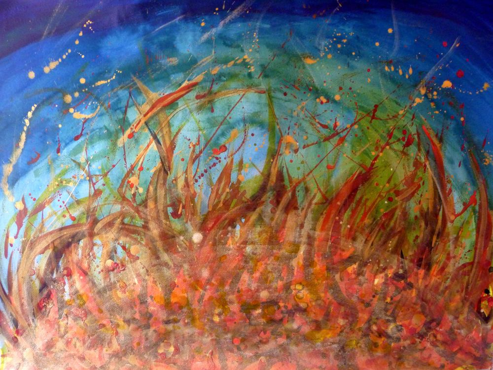 Expressionist ink painting of a portion of the sun spewing red and gold into a blue-indigo sky.