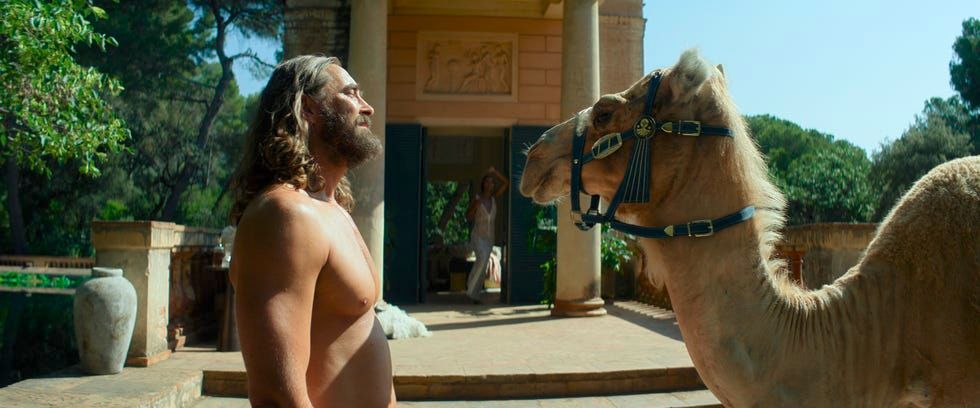 Lee Pace shirtless (as he is wont to be in this show) staring transfixed at a camel